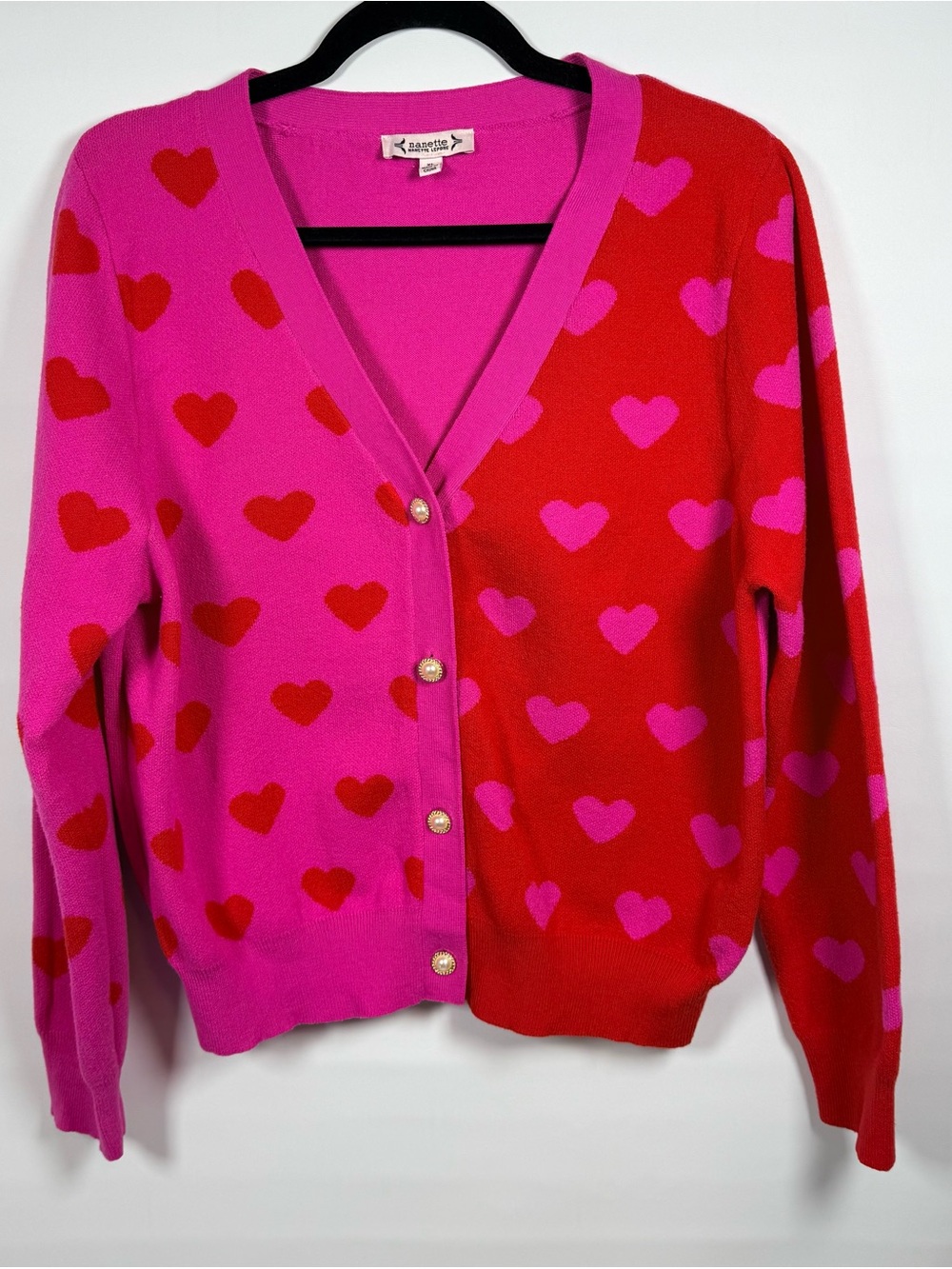 Nanette Lepore Pink Red Heart Print Button Front Cardigan Sweater Women’s XL